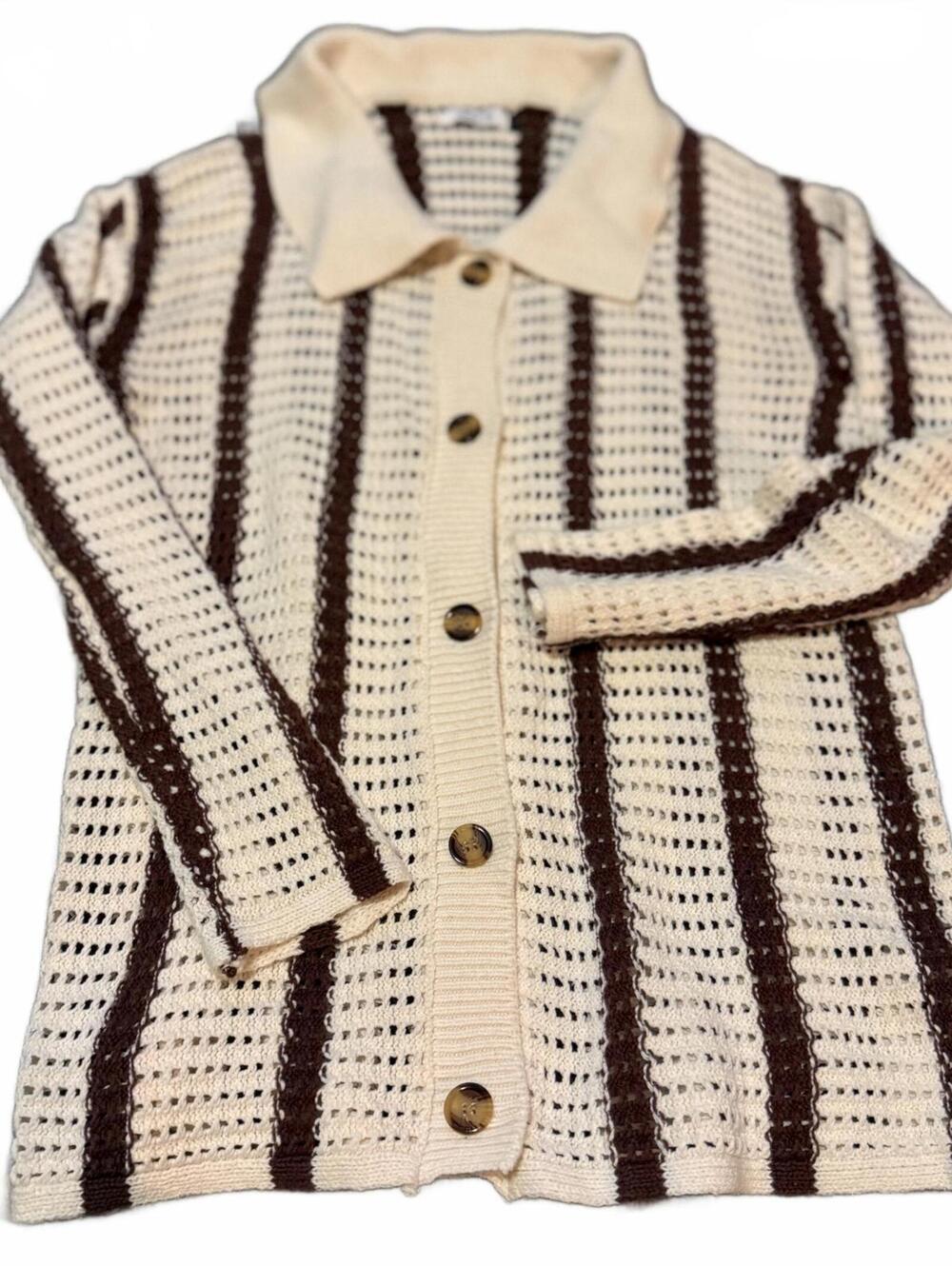 Avenue Zoe Cream Brown Crochet Knit Button Cardigan Womens L 70s Style